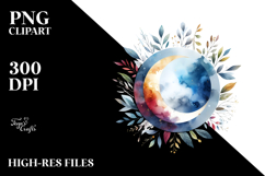 Vibrant Abstract Moon with Foliage | Watercolor Clipart Product Image 2