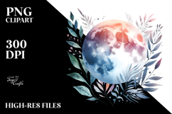 Vibrant Abstract Moon with Foliage | Watercolor Clipart Product Image 2
