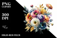 Colorful Bouquet with Gold Foil Ranunculus | Watercolor Product Image 1
