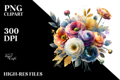 Colorful Bouquet with Gold Foil Ranunculus | Watercolor Product Image 2