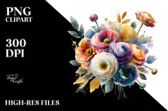 Colorful Bouquet with Gold Foil Ranunculus | Watercolor Product Image 2