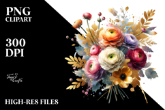 Colorful Bouquet with Gold Foil Ranunculus | Watercolor Product Image 2