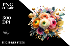 Colorful Bouquet with Gold Foil Ranunculus | Watercolor Product Image 2