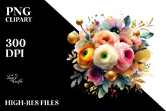 Colorful Bouquet with Gold Foil Ranunculus | Watercolor Product Image 2