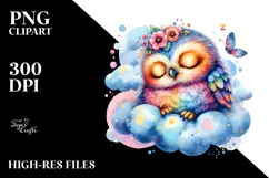 Vibrant Baby Owl Cloud Watercolor Clipart Product Image 2