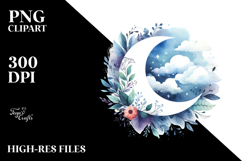 Vibrant Watercolor Whimsical Moon with Foliage Clouds Product Image 2