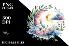 Vibrant Watercolor Whimsical Moon with Foliage Clouds Product Image 2