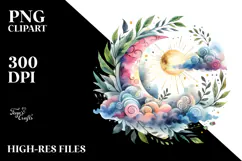 Vibrant Watercolor Whimsical Moon with Foliage Clouds Product Image 2