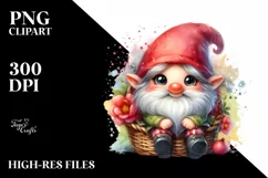 Cute Small Smiling Gnome in Basket Watercolor Art | Clipart Product Image 1