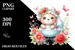 Colorful Small Baby Bear Cradle Flowers Watercolor Clipart Product Image 1