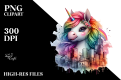 Colorful Baby Unicorn Urban Scene PNG Product Image 2