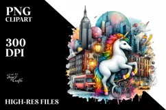 Watercolor Unicorn Urban Scene PNG Product Image 1