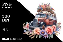 Vintage Bus Flowers,USA Flag | Sublimation | Clipart Product Image 1