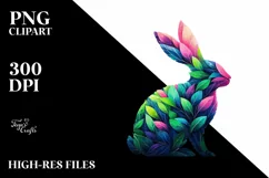 Abstract Vibrant Rabbit with Plant Leaves PNG Product Image 3