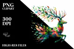 Abstract Vibrant Deer with Plant Leaves PNG Product Image 1