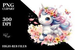 Watercolor Cute Baby Unicorn with Spring Petals | Clipart Product Image 3