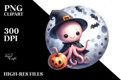 Cute Baby Octopus on Moon PNG Product Image 2