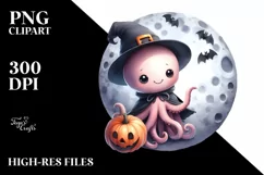 Cute Baby Octopus on Moon PNG Product Image 1