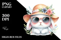 Colorful Cute Watercolor Bunny with Sunglasses and Sun Hat | Product Image 1