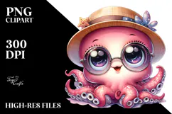 Playful Baby Octopus with Hat and Sunglasses PNG Product Image 2