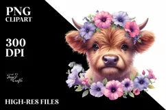 Colorful Smiling Highland Cow with Wreath Clipart Product Image 3