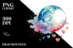 Simple Watercolor Moon with Hanging Hearts PNG Product Image 2