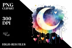 Simple Watercolor Moon with Hanging Hearts PNG Product Image 2