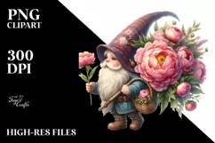 Detailed Watercolor Gnome with Peonies | Clipart Product Image 1