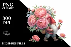 Detailed Watercolor Gnome with Peonies | Clipart Product Image 3