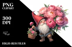 Detailed Watercolor Gnome with Peonies | Clipart Product Image 1