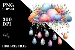Colorful Easter Eggs Hanging from Cloud, Watercolor PNG Product Image 2