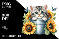 Cute Baby Cat in Sunflower Bucket PNG Product Image 2