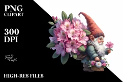 Detailed Watercolor Gnome with Rhododendron | Clipart Product Image 1