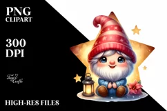 Cute Small Smiling Gnome on Star Watercolor Art | Clipart Product Image 3