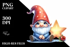Cute Small Smiling Gnome on Star Watercolor Art | Clipart Product Image 1