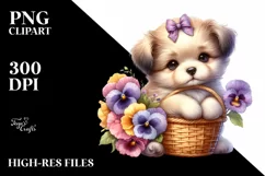 Cute Whimsical Puppy Basket Flowers Clipart Product Image 1