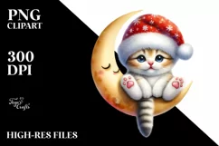 Baby Kitten in Santa Hat on Moon PNG Product Image 3