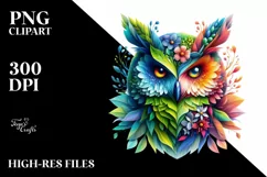 Abstract Vibrant Owl with Plant Leaves PNG Product Image 1