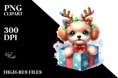 cute Watercolor Poodle with Reindeer Horns and Lights Product Image 3