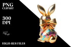 Colorful Bunny with Glittery Bow, Retro PNG Product Image 2