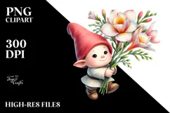 Cute Small Gnome with Large Freesia PNG Product Image 2