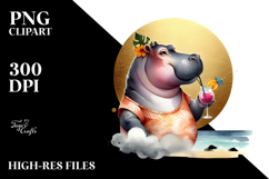 Hippo in Beachwear Drinking a Cocktail, PNG Product Image 2