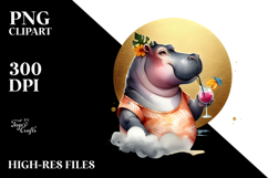 Watercolor Hippo Drinking Cocktail PNG Product Image 2