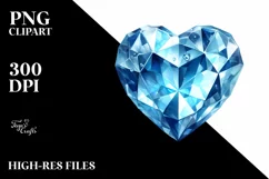 Blue 3D Diamond Heart Watercolor PNG Product Image 2