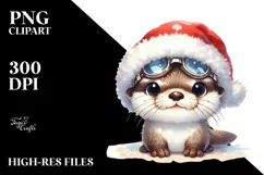cute Watercolor Otter with Santa Hat and Sky Goggles Product Image 1