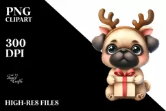 Pug with Reindeer Horns, Watercolor PNG Product Image 1