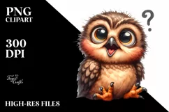 Watercolor Confused Baby Owl Sitting Clipart Product Image 1