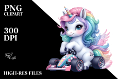 Colorful Baby Unicorn Race Car PNG Product Image 2
