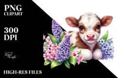 Watercolor Baby Highland Cow with Hyacinth Floral Frame PNG Product Image 2