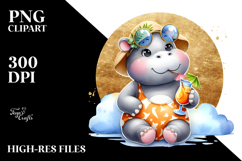 Happy Hippo in Beachwear, Golden Foil PNG Product Image 2